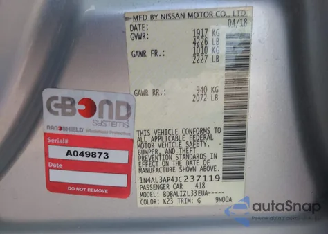 2018 Nissan Altima 2.5 Sv из США, поврежденный, VIN 1N4AL3AP4JC237119